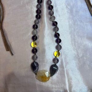 Beaded Purple Stone Necklace with Leather Tie.